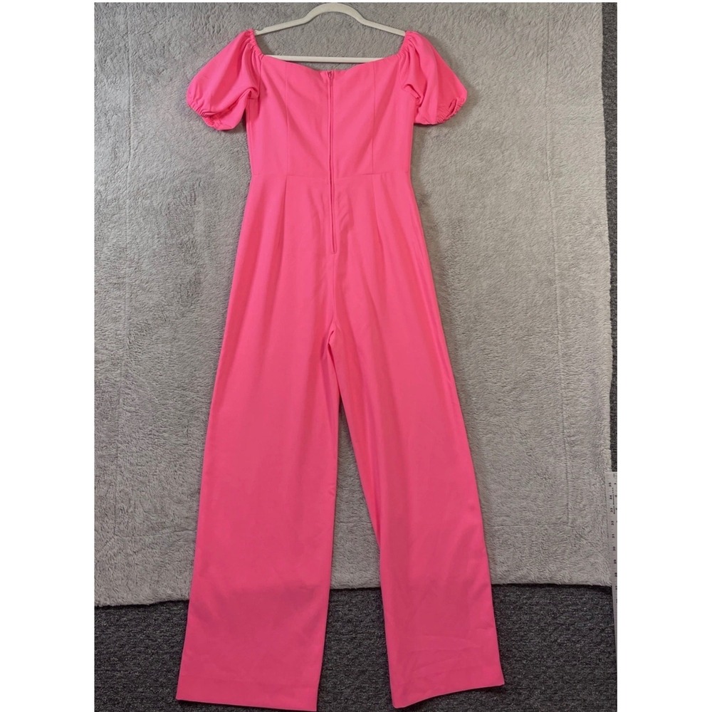 Lilly Pulitzer Sz‎ 4 Pink Off-The-Shoulder Puff Sleeve Wide Leg Jumpsuit - Picture 2 of 11